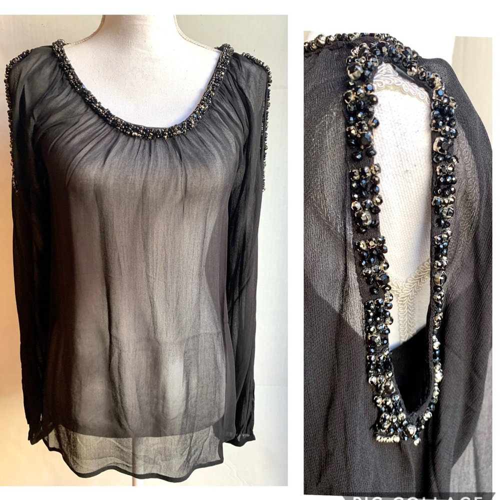 GOLD HAWK BLACK SHEER BEADED COLD SHOULDER BLOUSE